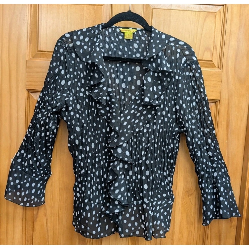 Essentialiegh Women's XL Top Semi Sheer Button-Down Front Black White Polka Dot